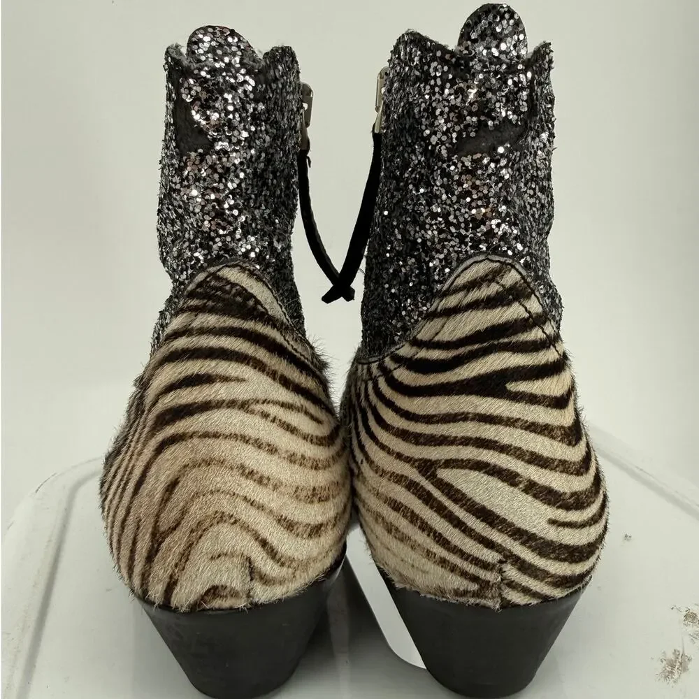 Golden Goose Ankle Western Zip Boots Bootie Zebra Ponyhair Zebra Glitter Size 37 - Picture 5 of 10